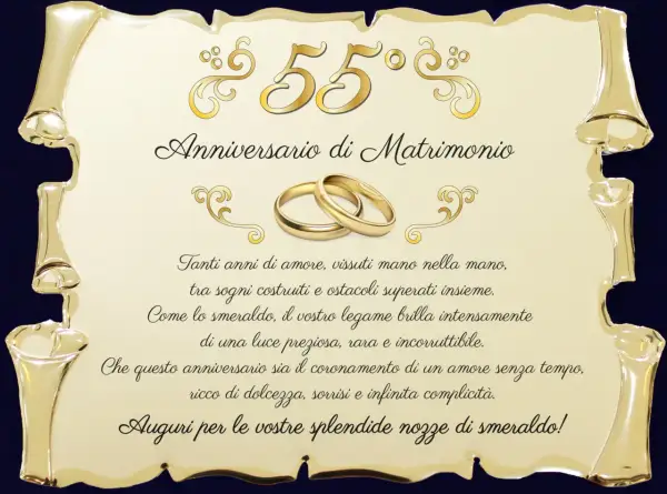 55 anni di matrimonio: nozze di smeraldo, un legame prezioso come la gemma, celebrato con amore e complicità.