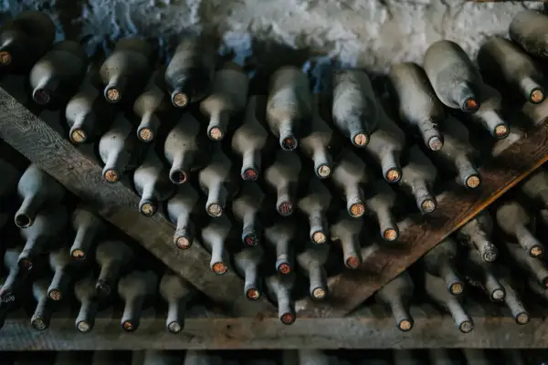 Des bouteilles de vin poussiéreuses, empilées sur des étagères en bois. La cave à vin semble avoir un problème de température, les bouchons sont secs.