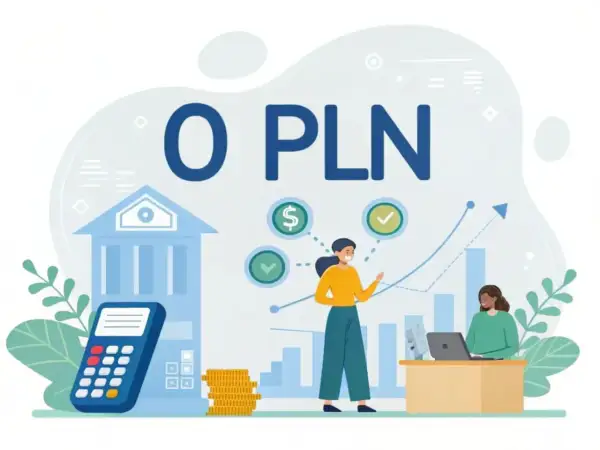 Darmowe konto dla firm 0 PLN. Grafika przedstawia bank, kalkulator, stos monet i dwie kobiety pracujące przy biurku.