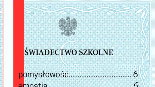 Świadectwo szkolne z orłem i czerwono-białym paskiem. Wpisano "pomysłowość" i "empatia", oceny 6.