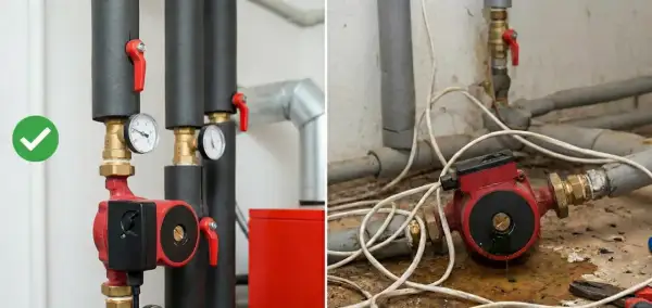 Prawidłowa pompa cyrkulacyjna c.w.u. jaką wybrać? Porównanie instalacji: czysta i funkcjonalna vs. zaniedbana i przeciekająca.