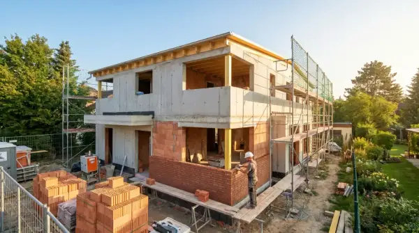 Rohbau eines Hauses mit 200 qm Wohnfläche. Ein Maurer verlegt Ziegelsteine, während Ziegelstapel und Gerüste die Baustelle prägen.