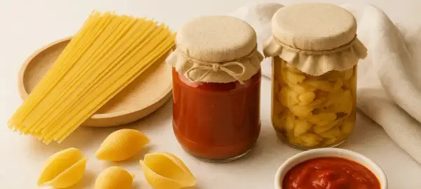 En hög med spaghetti, två burkar med hemlagad tomatsås och inlagda grönsaker, samt några snäckformade pastakroppar. En perfekt grund för en äkta pasta italiano.
