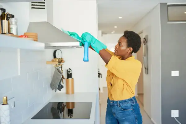 Donna con guanti pulisce la cappa della cucina con uno spray.