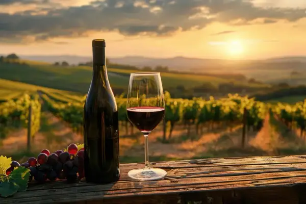 Un calice di vino rosso e un grappolo d'uva su un tavolo di legno, con vigneti al tramonto. Un assaggio di Monica di Sardegna.