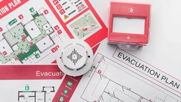 Piani di evacuazione e un rilevatore di fumo, elementi essenziali per la valutazione del rischio incendio.