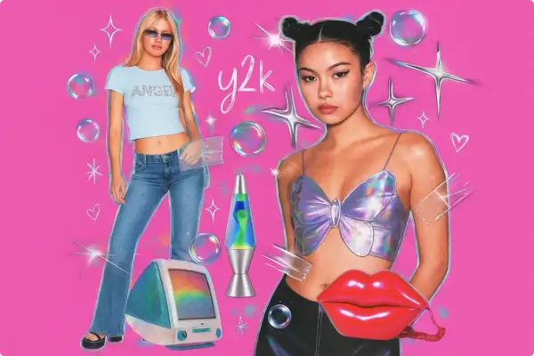 A vibrant y2k design collage featuring two young women, a lava lamp, a retro computer, and sparkly accents on a pink background.