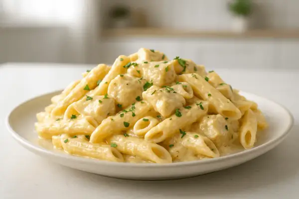 Penne z kawałkami kurczaka w kremowym sosie serowym, posypane natką pietruszki.