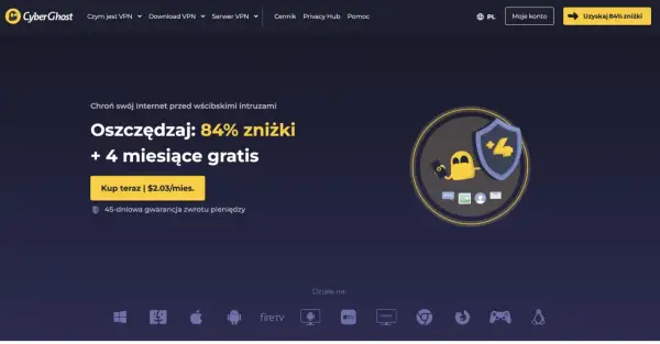 CyberGhost VPN oferuje 84% zniżki i 4 miesiące gratis. Chroń swój internet!