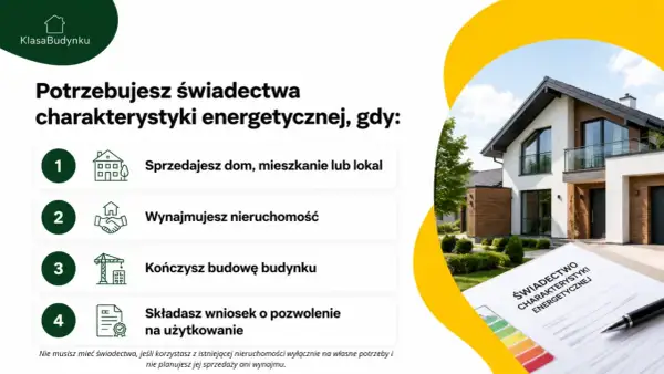 Potrzebujesz świadectwa charakterystyki energetycznej przy sprzedaży, wynajmie, zakończeniu budowy lub pozwoleniu na użytkowanie. Dokument leży na stole obok nowoczesnego domu.