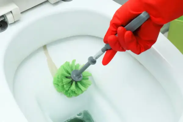 Mano con guanto rosso pulisce il calcare dal wc con uno scopino verde.