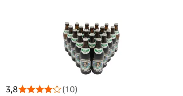 Eine Kiste Augustiner Helles Bier. Der Alkoholgehalt ist typisch für ein Helles.