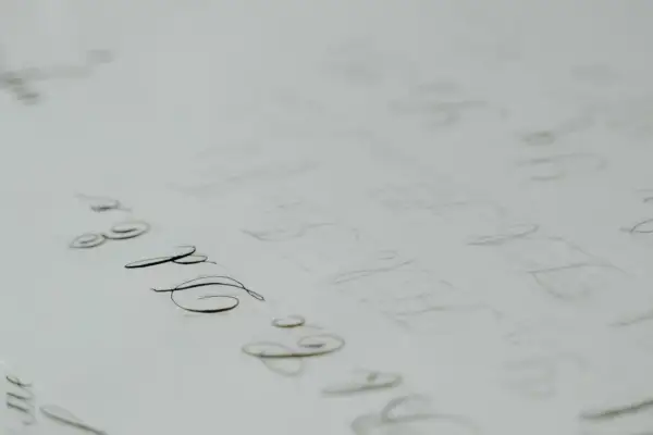 A page of practice calligraphy, with elegant loops and swirls in cursive, showing the careful strokes of a pen.