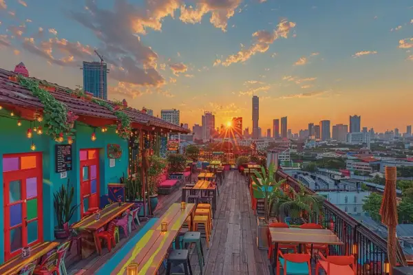 Un bar coloré sur un rooftop à Bangkok, avec des tables en bois et des lumières chaudes, offre une vue imprenable sur la ville au coucher du soleil.