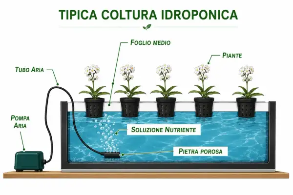 Sistema di piante in acqua fai da te: pompa aria, tubo, pietra porosa e soluzione nutriente ossigenano le piante in vaso.