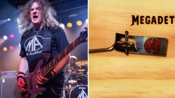 Dave Ellefson gra na basie na scenie, obok okładki albumu Megadeth "Risk".