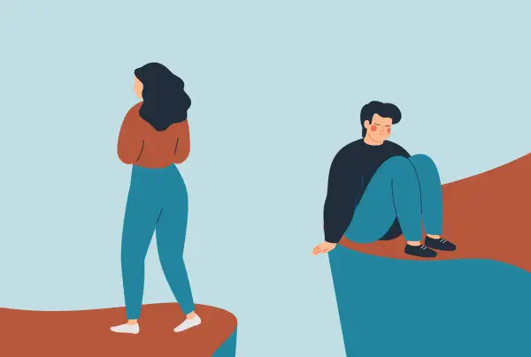 Kobieta odwrócona plecami, mężczyzna skulony na krawędzi. Ilustracja symbolizująca psychologię rozpadu związku i emocjonalny dystans.