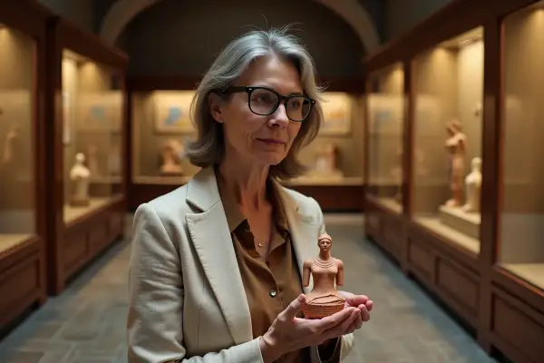Une femme tient une statuette rappelant une déesse de la terre grecque, dans un musée.