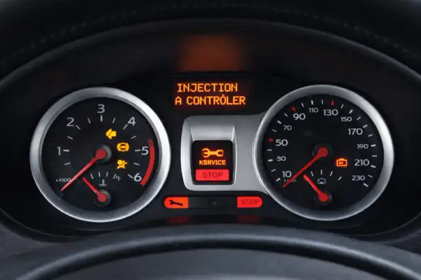 Tableau de bord d'une voiture avec voyants allumés : "INJECTION A CONTROLER", "KSRVICE STOP", et un voyant de batterie faible. Pas de panne du système de freinage visible.