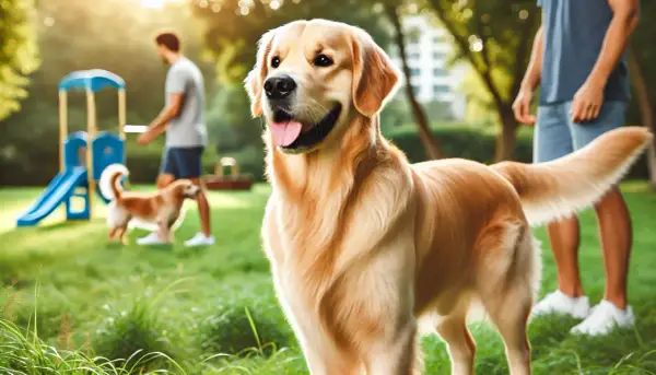 Uśmiechnięty golden retriever, którego waga jest idealna, bawi się z innymi psami i ludźmi w parku.