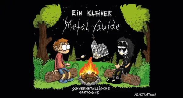 Zwei Jungen, einer im Metal-Look, sitzen am Lagerfeuer. Über ihnen hängt ein Marshmallow-Haus. Ein kleiner Metal-Guide für die härtesten Bands.