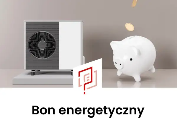 Pompa ciepła i skarbonka z monetami symbolizują oszczędności. Bon energetyczny 2026 to szansa na tańsze ogrzewanie.