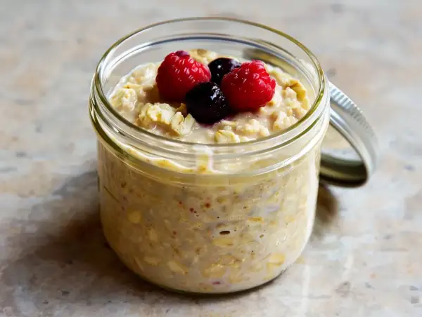 Overnight oats med proteinpulver i burk, toppad med hallon och blåbär. Perfekt för en snabb och näringsrik frukost.