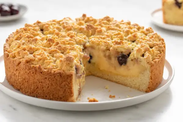 Torta sbriciolata con crema e ciliegie, perfetta tra i dolci per compleanno adulti.