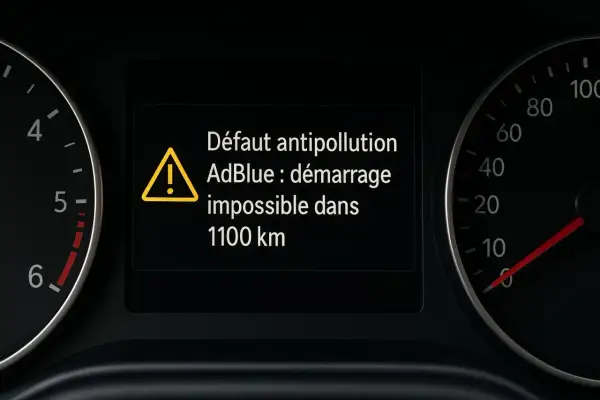 Défaut antipollution AdBlue : démarrage impossible dans 1100 km. Le tableau de bord affiche un avertissement de consommation du réactif AdBlue.