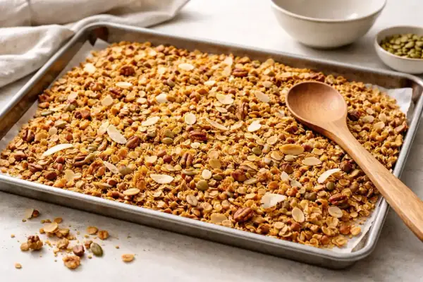 Nybakad granola på plåt med nötter, frön och mandel. Perfekt för ditt granola recept!