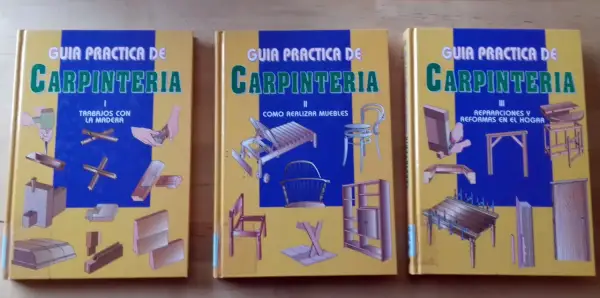 Tres guías de carpintería, con ilustraciones de trabajos en madera, muebles y reparaciones. Ideal para quienes trabajan con madera de palisandro.
