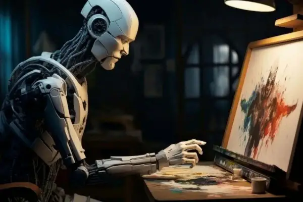 Robot maluje abstrakcyjny obraz. Oto opis obrazu przykład, jak sztuczna inteligencja tworzy sztukę.