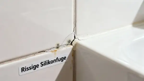 Rissige Silikonfuge mit Schimmelbildung. Zeit, die Silikonfugen zu erneuern, um Feuchtigkeitsschäden zu vermeiden.