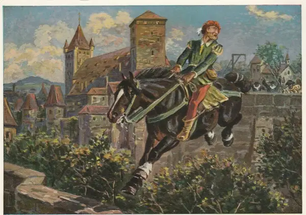 Ein Ritter springt mit seinem Pferd über eine Mauer. Gab es den Raubritter Eppelein von Gailingen wirklich? Die Burg im Hintergrund lässt an Legenden denken.