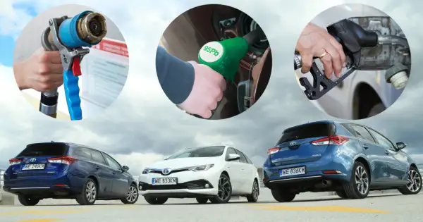 Trzy sceny tankowania samochodów: gazu, benzyny 95 oktanów i nieznanego paliwa. Na dole trzy Toyoty Auris. Na to diesel czy benzyna?