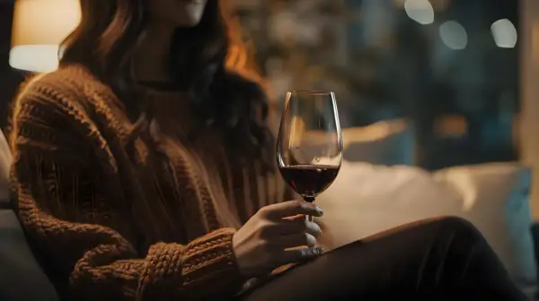 Kobieta w swetrze trzyma kieliszek czerwonego wina. Czas na relaks, gdy wino nie pracuje, a wieczór staje się spokojny.