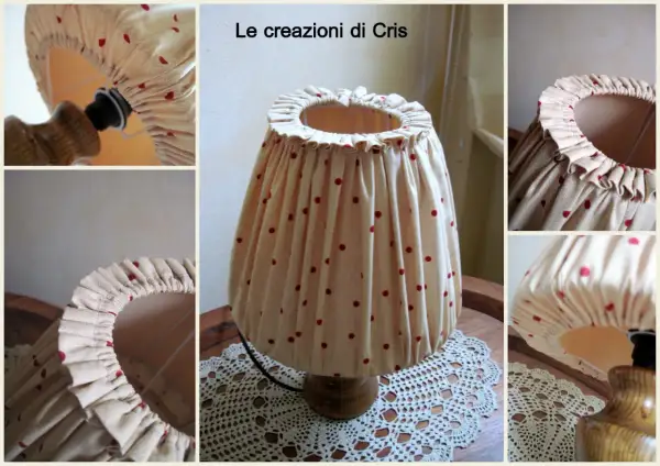 Dettagli su come rivestire un paralume a cupola con tessuto a pois rossi.