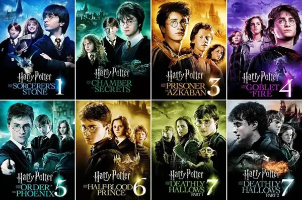 Plakaty filmów z serii Harry Potter, od 1 do 7.