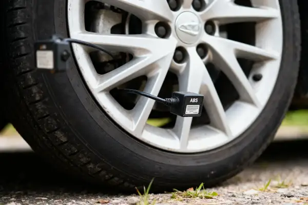 Un capteur ABS est fixé à une roue de voiture, un symptôme potentiel d'un problème de freinage.