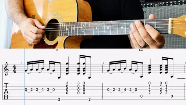 Ręce grające na gitarze akustycznej, obok zapis nutowy i tabulatura pokazujące prosty riff gitarowy.
