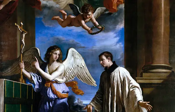 Ein Engel zeigt Aloisius von Gonzaga das Kreuz. Ein Putto schwebt darüber und hält einen Kranz.