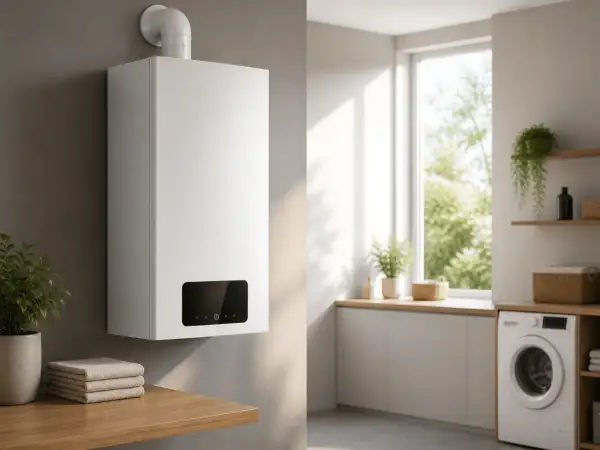 Caldaia a condensazione moderna, efficiente e compatta, installata in un ambiente luminoso con lavatrice e finestra.