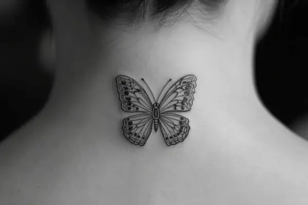 Delikatny czarny motyl tatuaż na karku. Czarny motyl znaczenie: przemiana, wolność, nadzieja.