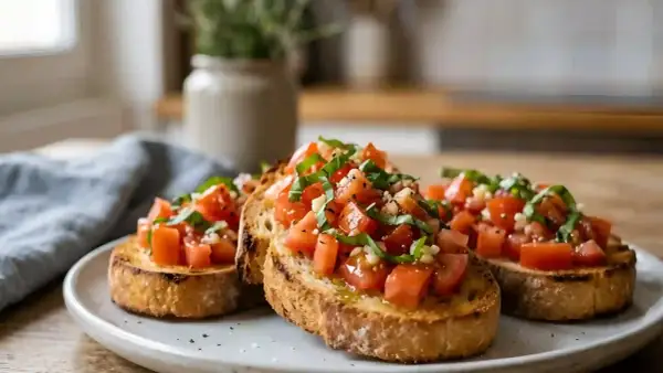 Bruschettas garnies de tomates fraîches, basilic et ail. Une recette simple et savoureuse pour un apéritif parfait.
