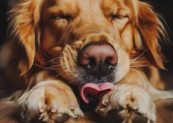 Złoty retriever, z zamkniętymi oczami, liże się w nocy, wyciągając różowy język do łapy.