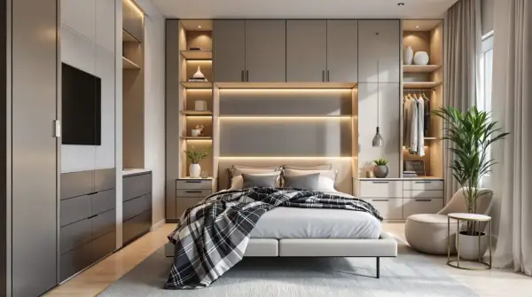 Chambre 11m2 plan : lit douillet, rangements intégrés, dressing ouvert et fauteuil cosy. Ambiance moderne et lumineuse.