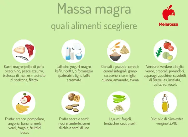 Guida agli alimenti per la massa magra ideale: carni magre, latticini, cereali, verdure, frutta, frutta secca, legumi e olio EVO.