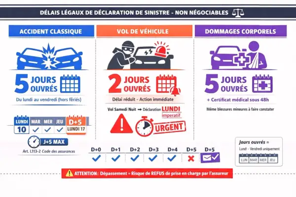 Déclaration de vol de véhicule : 2 jours ouvrés. En cas de vol le samedi nuit, déclaration impérative le lundi. Attention, dépassement = refus de prise en charge.