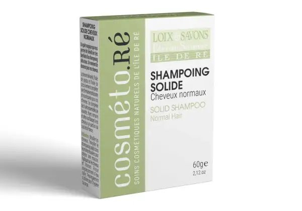 Un galet de shampoing solide pour cheveux normaux, aux ingrédients naturels de l'Île de Ré.