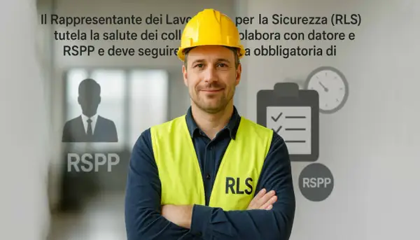 Uomo con casco giallo e gilet ad alta visibilità, con la scritta RLS. Il Rappresentante dei Lavoratori per la Sicurezza (RLS) è obbligatorio.